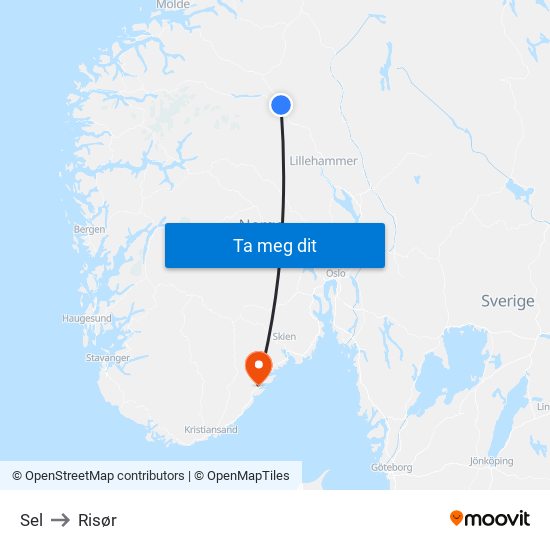 Sel to Risør map