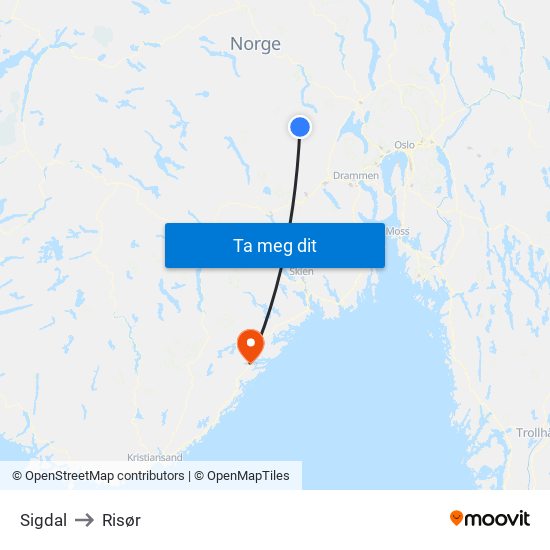 Sigdal to Risør map