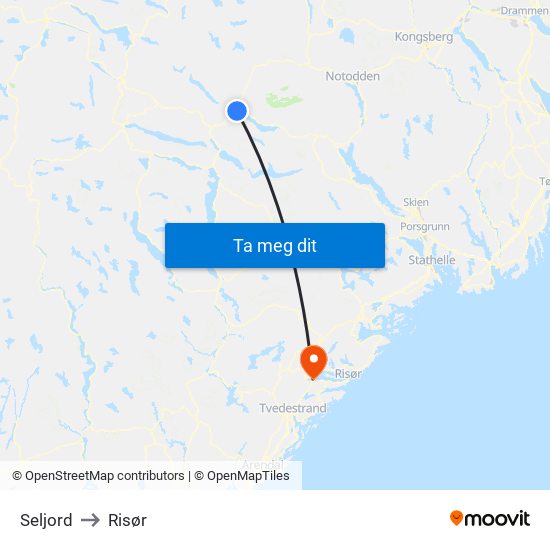 Seljord to Risør map