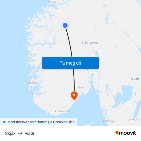 Skjåk to Risør map