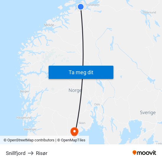 Snillfjord to Risør map