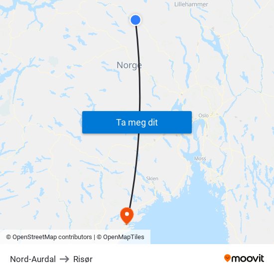 Nord-Aurdal to Risør map