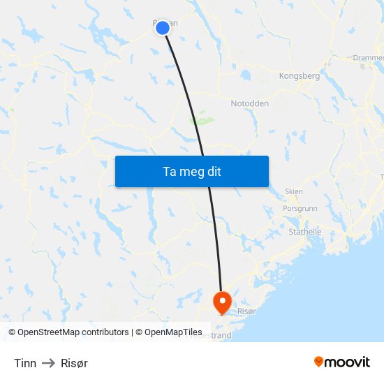 Tinn to Risør map