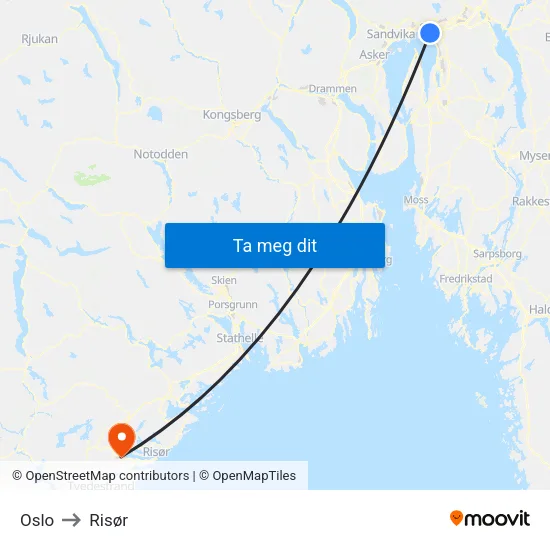 Oslo to Risør map