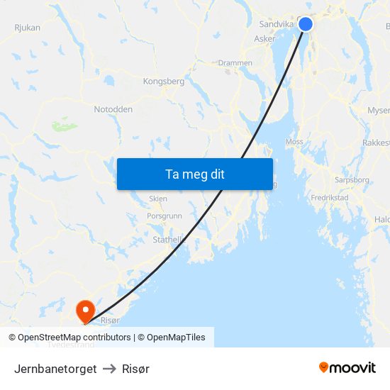 Jernbanetorget to Risør map