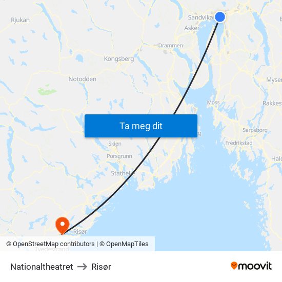 Nationaltheatret to Risør map