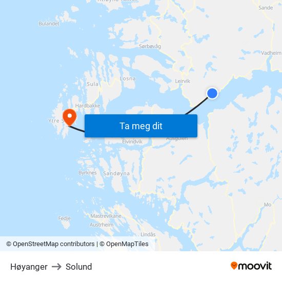 Høyanger to Solund map