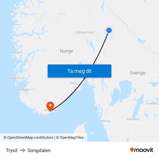 Trysil to Songdalen map