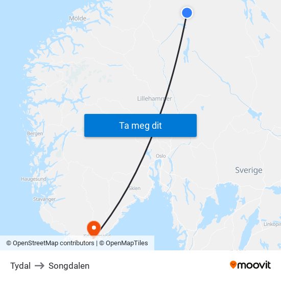 Tydal to Songdalen map