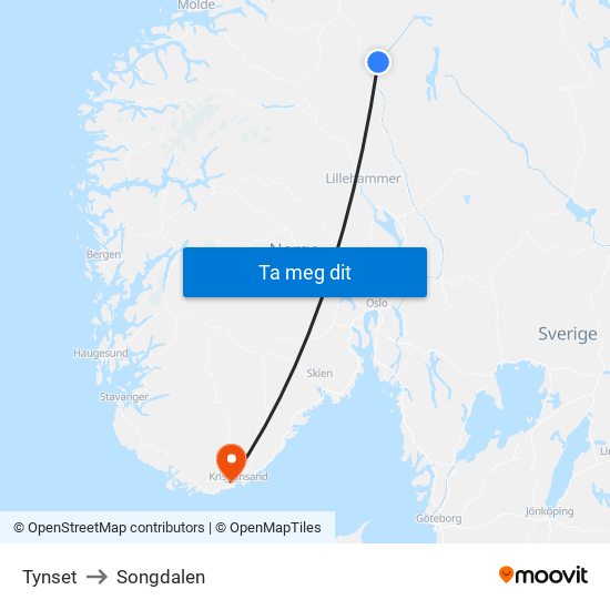 Tynset to Songdalen map