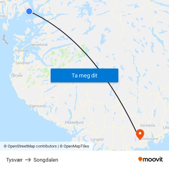 Tysvær to Songdalen map