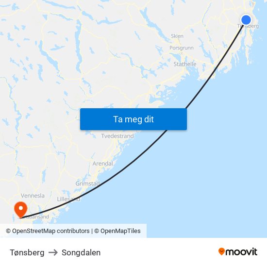 Tønsberg to Songdalen map