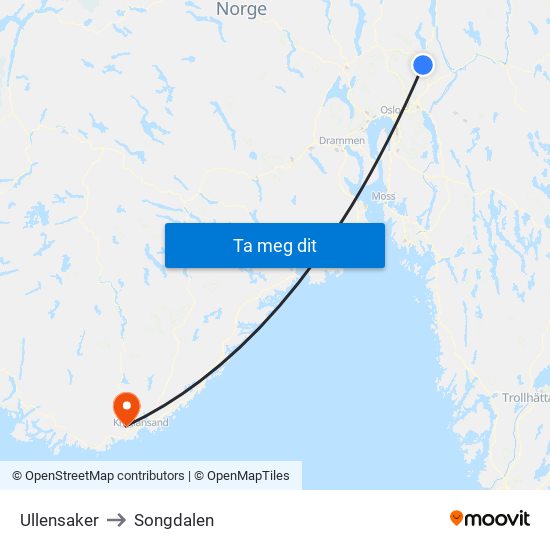 Ullensaker to Songdalen map