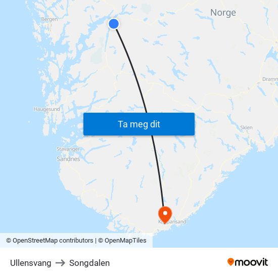 Ullensvang to Songdalen map