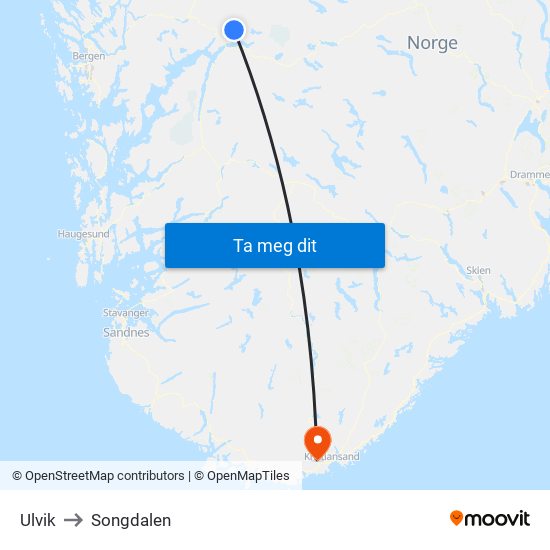 Ulvik to Songdalen map