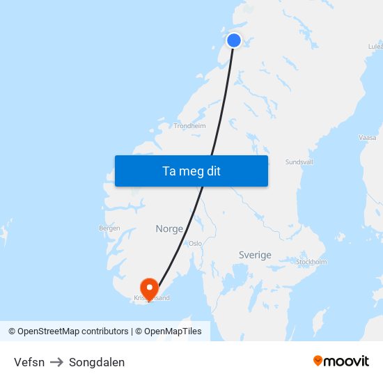 Vefsn to Songdalen map