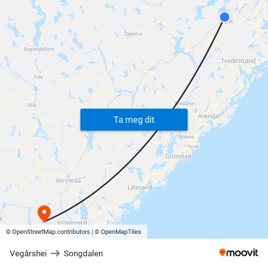 Vegårshei to Songdalen map