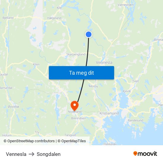 Vennesla to Songdalen map