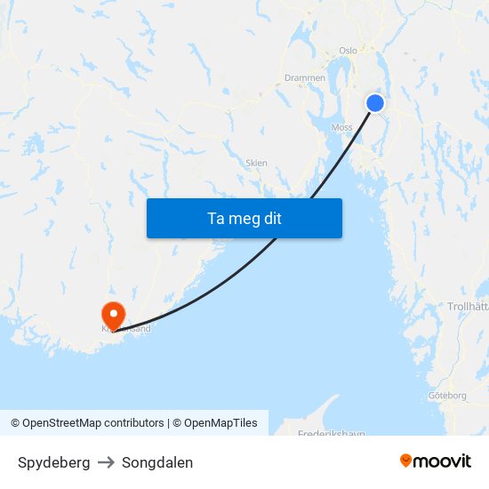 Spydeberg to Songdalen map