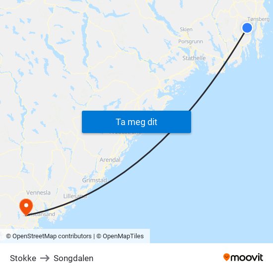 Stokke to Songdalen map