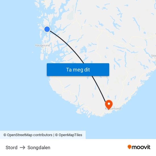 Stord to Songdalen map