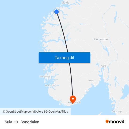 Sula to Songdalen map