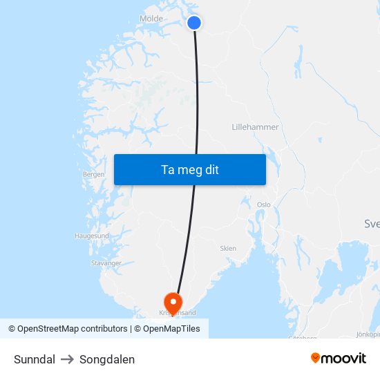 Sunndal to Songdalen map