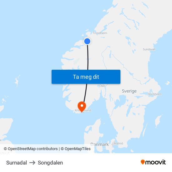 Surnadal to Songdalen map