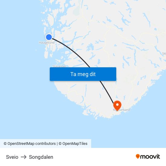 Sveio to Songdalen map