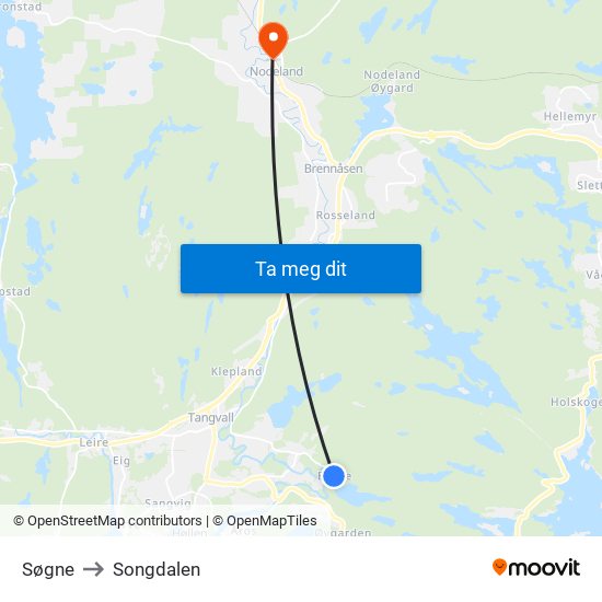 Søgne to Songdalen map