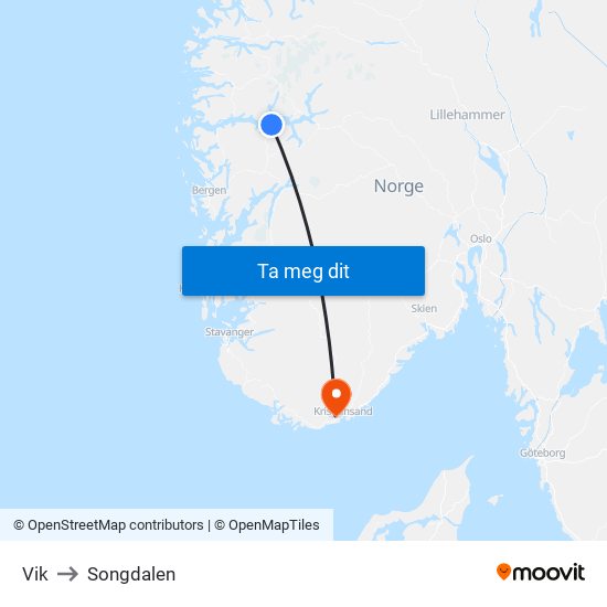 Vik to Songdalen map