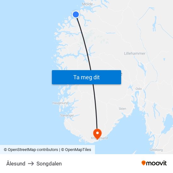 Ålesund to Songdalen map