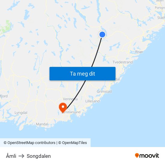 Åmli to Songdalen map