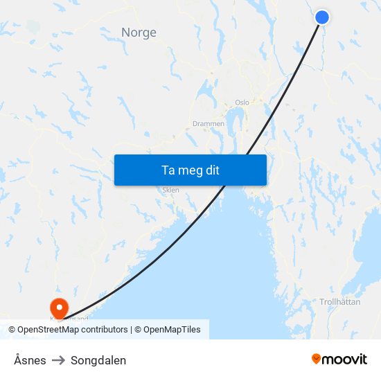 Åsnes to Songdalen map