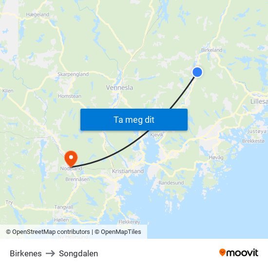 Birkenes to Songdalen map