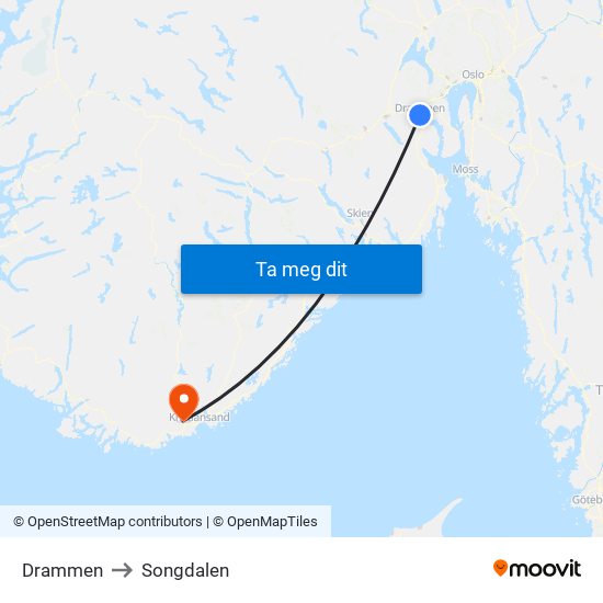 Drammen to Songdalen map