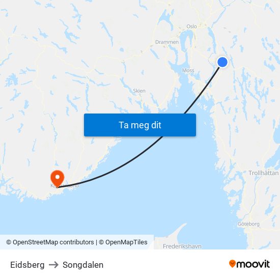 Eidsberg to Songdalen map