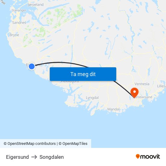 Eigersund to Songdalen map