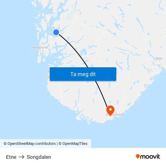 Etne to Songdalen map