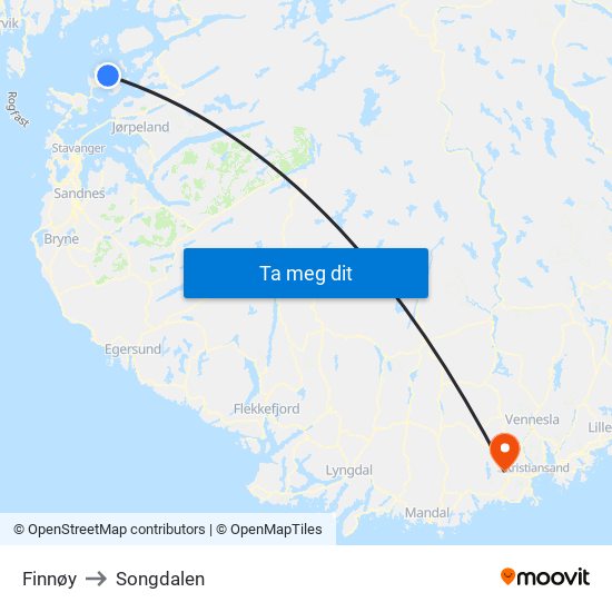 Finnøy to Songdalen map