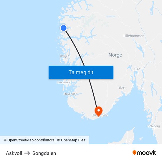 Askvoll to Songdalen map