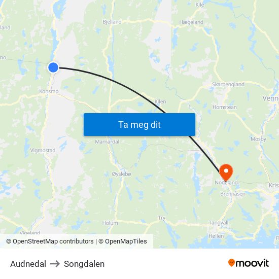 Audnedal to Songdalen map