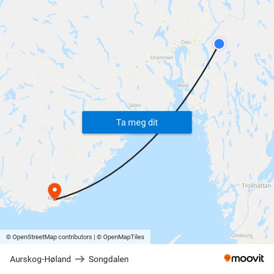 Aurskog-Høland to Songdalen map