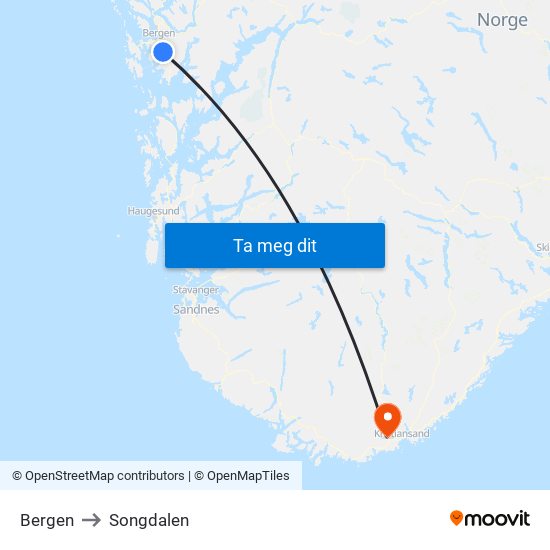 Bergen to Songdalen map