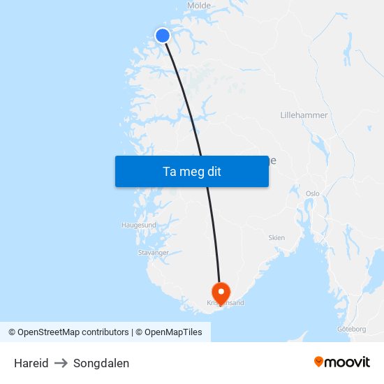 Hareid to Songdalen map