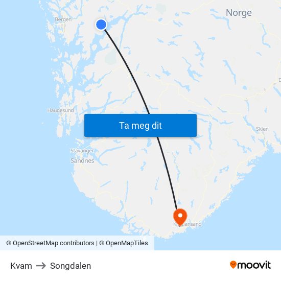 Kvam to Songdalen map