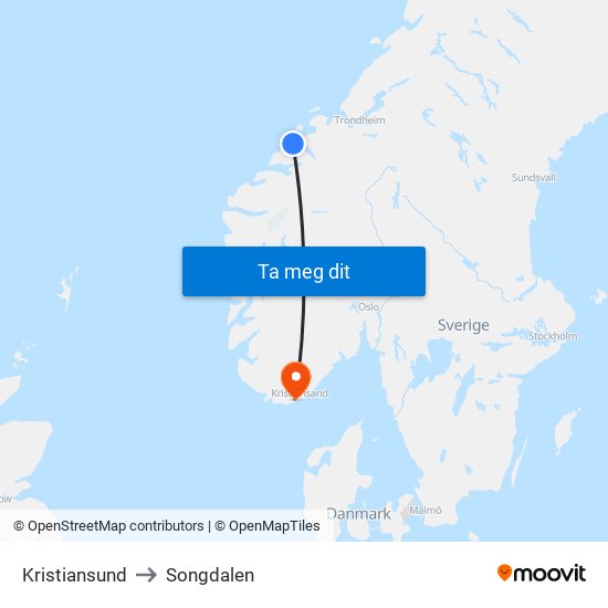 Kristiansund to Songdalen map