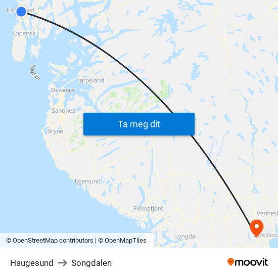 Haugesund to Songdalen map