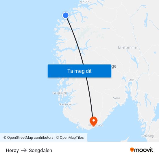 Herøy to Songdalen map