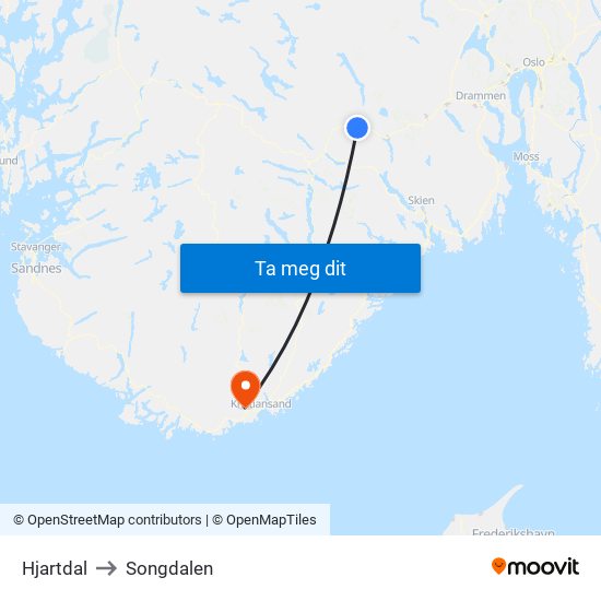 Hjartdal to Songdalen map